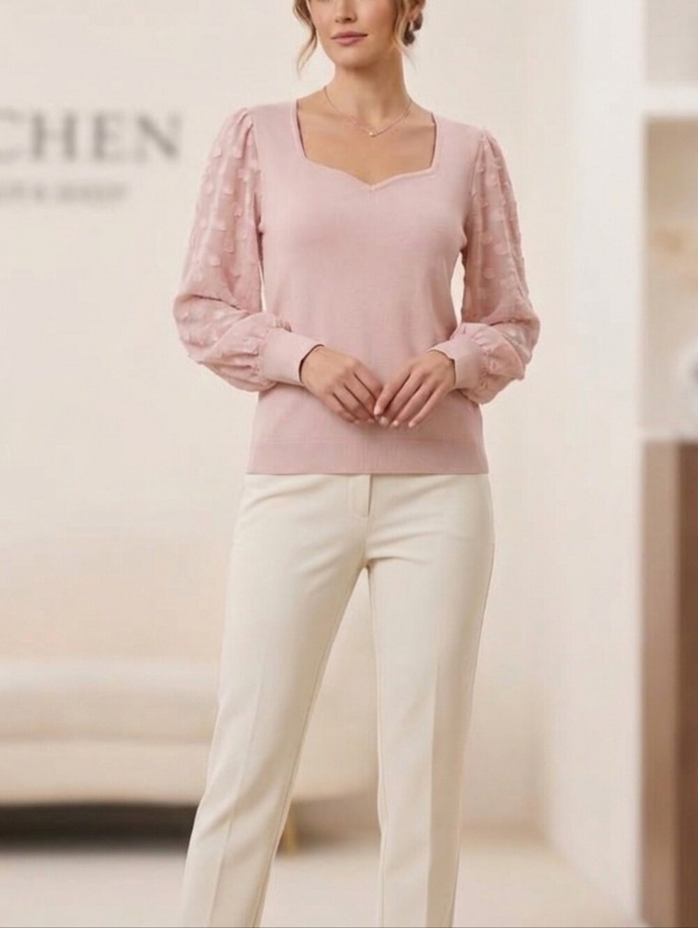 Adrianna Papell Blush Knit Pullover with Sheer Swiss Dot Embroidered Sleeves